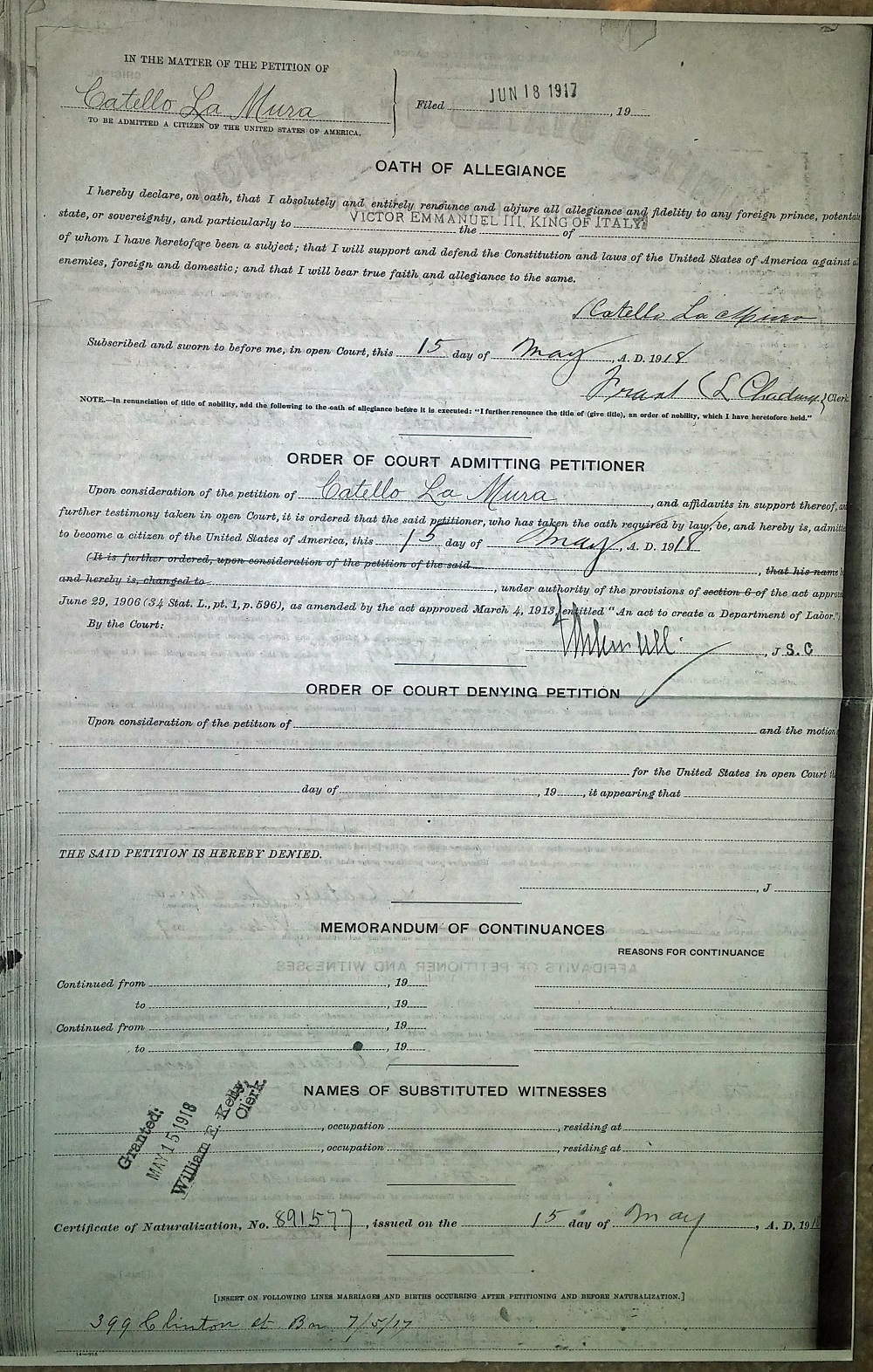 Catello LaMura Naturalization Record