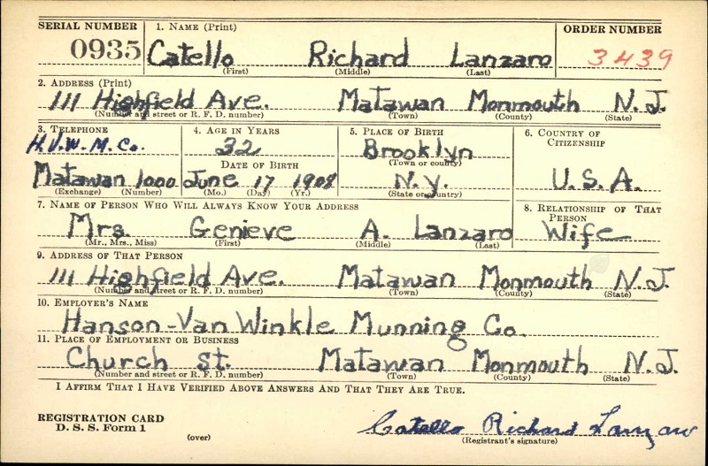 Catello Richard Lanzaro WW2 Draft Registration