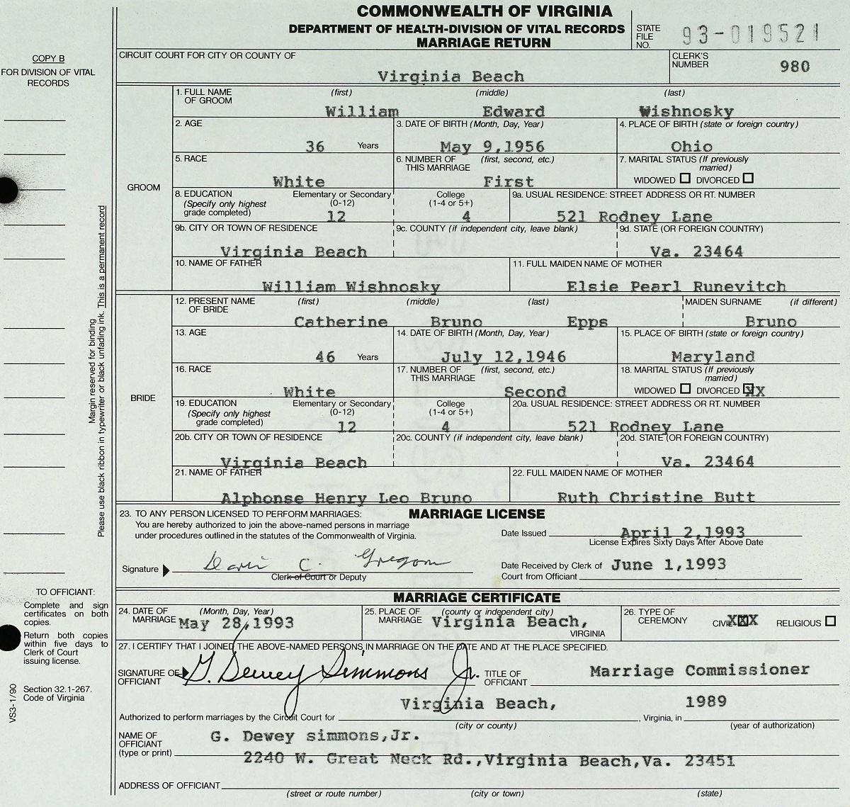 Catherine Philomena Bruno and William Wishnosky Marriage