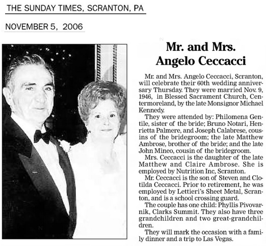 Jean Ambrose and Angelo Ceccacci 60th Anniversary