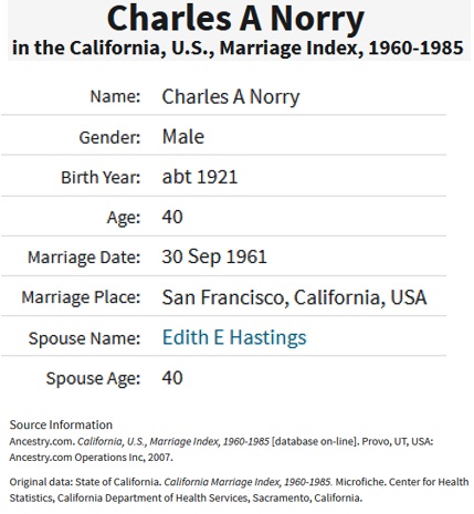 Charles Alfred Norry and Edith E. Hastings Marriage Index