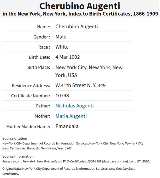 Cherubino Augenti Birth Index