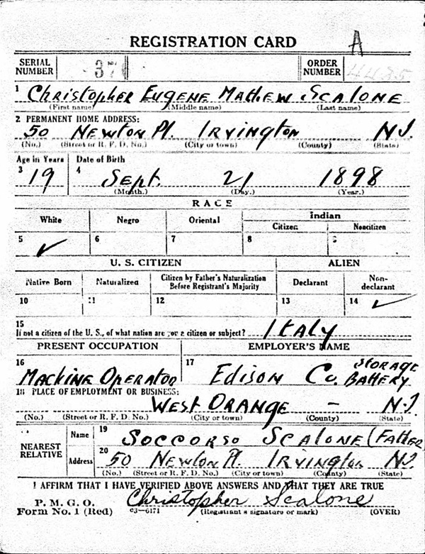 Christopher Scalone WW1 Draft Registration