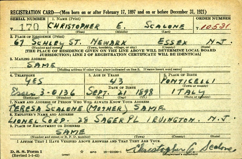 Christopher Scalone WW2 Draft Registration