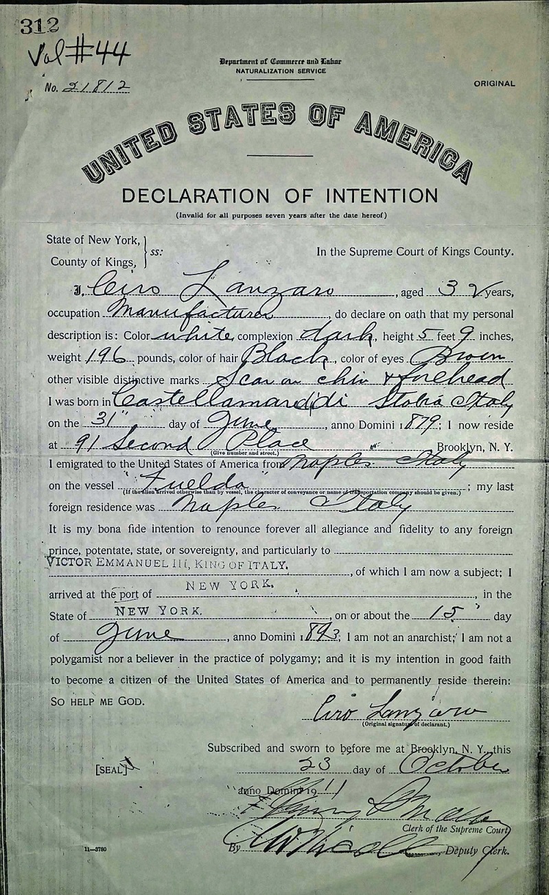 Ciro Lanzaro Naturalization Record