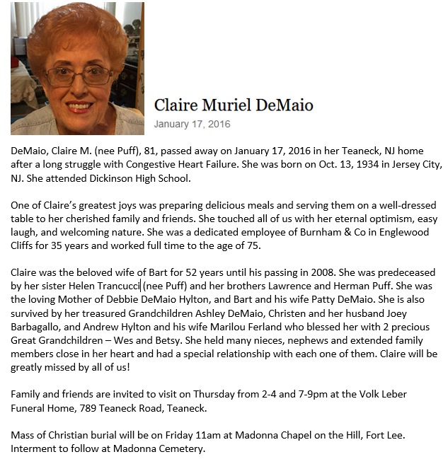 Claire Puff De Maio Obituary