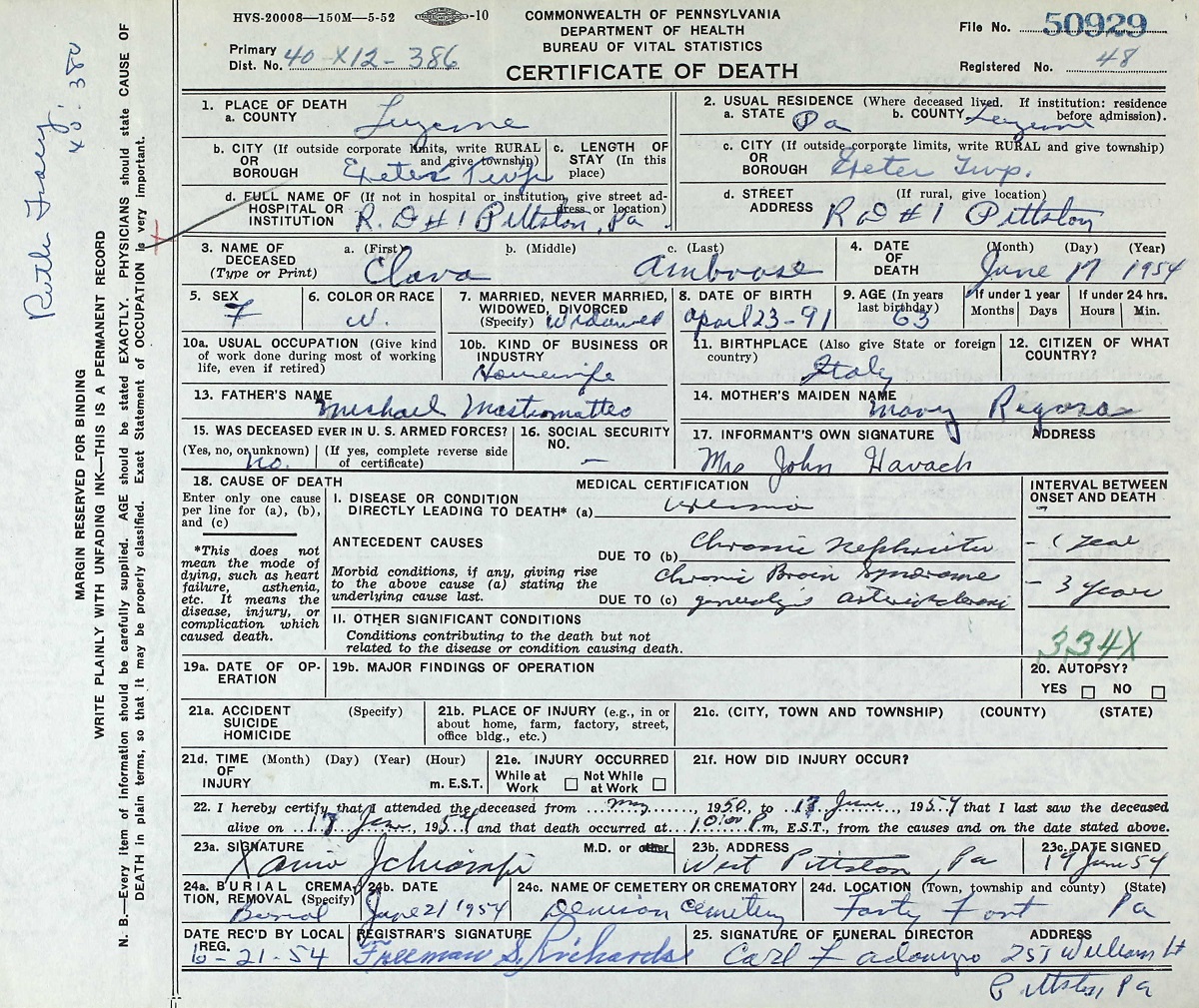 Clara Mastromatteo Abruzzese (Ambrose) Death Certificate