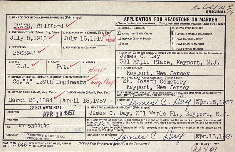 Clifford Evans Headstone Application