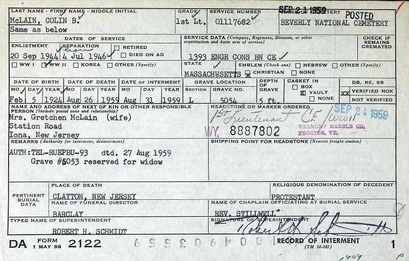 Colin Bowen McLain Interment Record