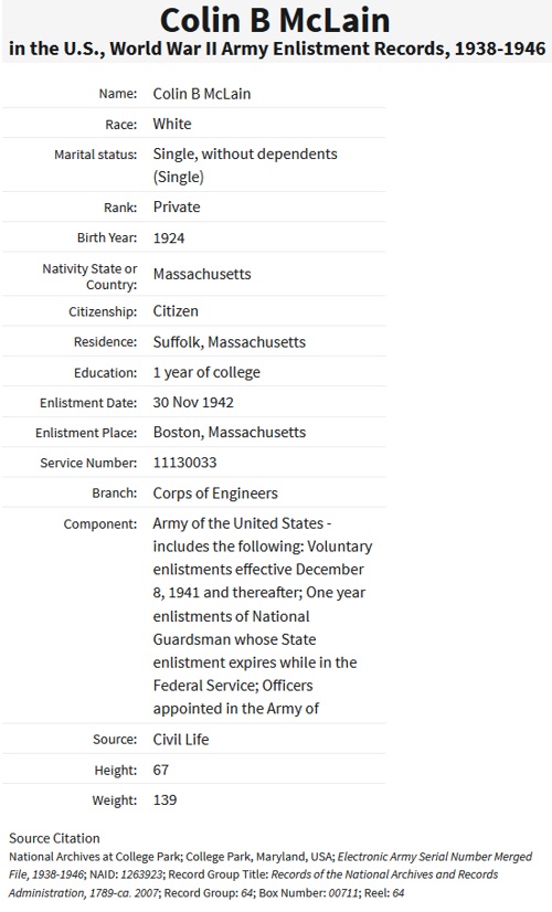 Colin Bowen McLain Military Service Record