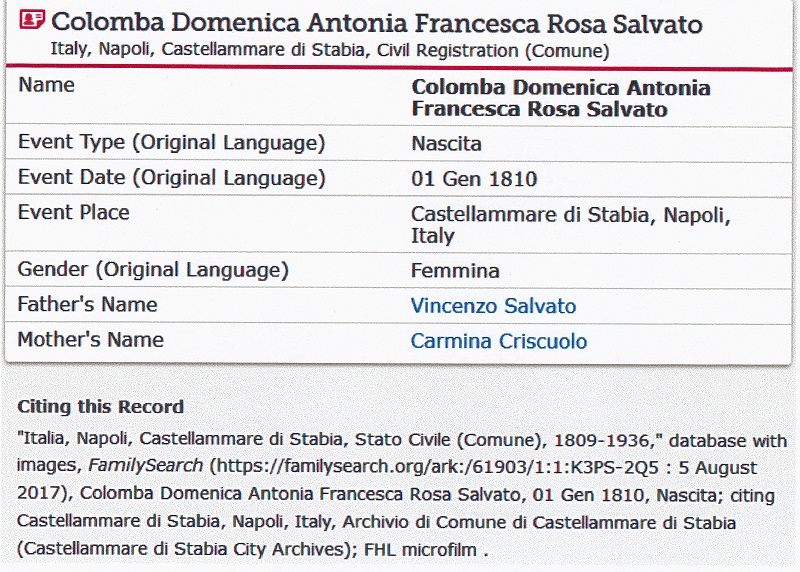 Colomba Salvato Birth Record