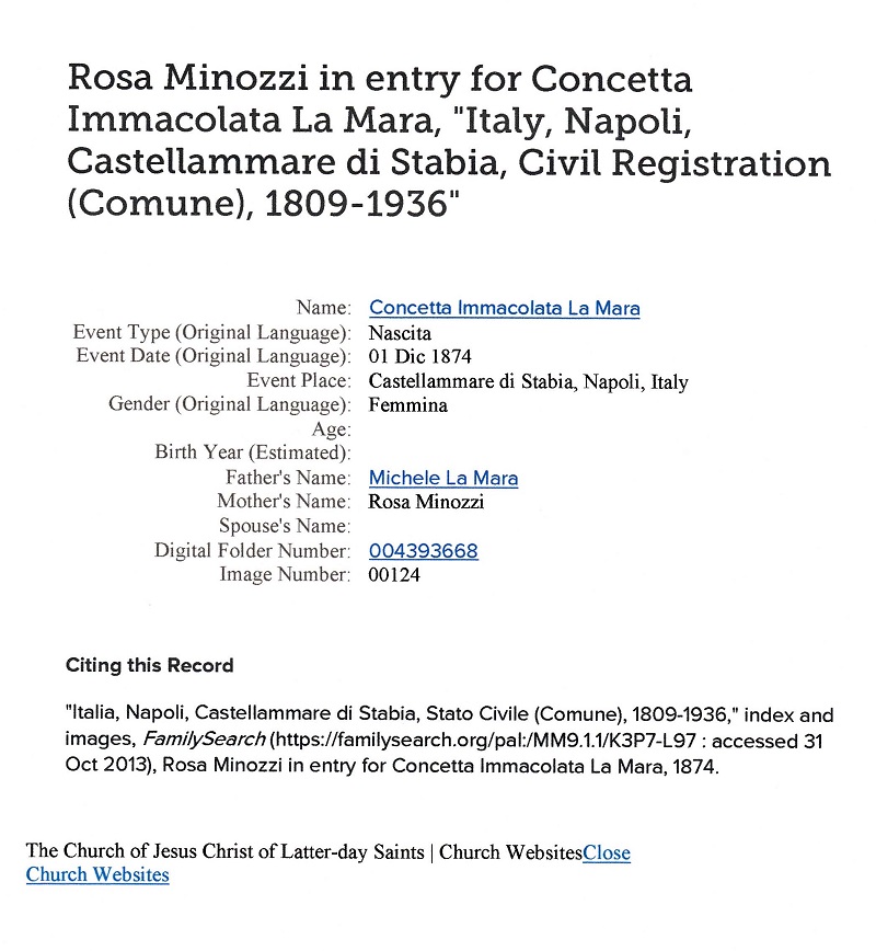 Concetta Immacolata LaMura Birth Record