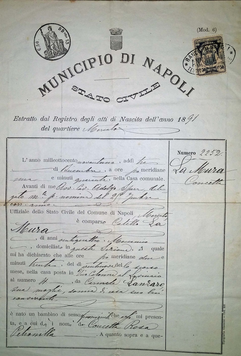 Concetta LaMura Birth Record