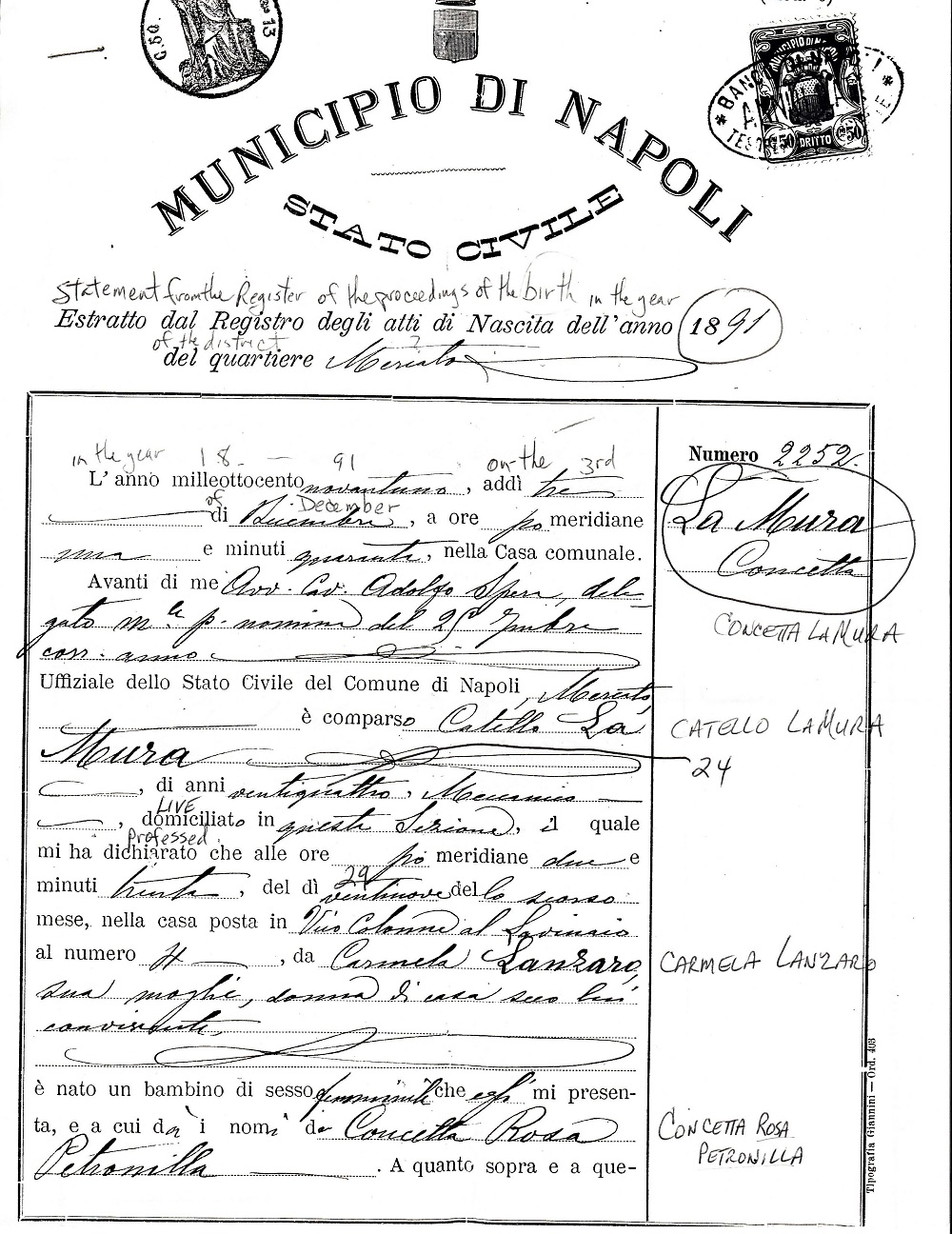 Concetta LaMura Birth Record