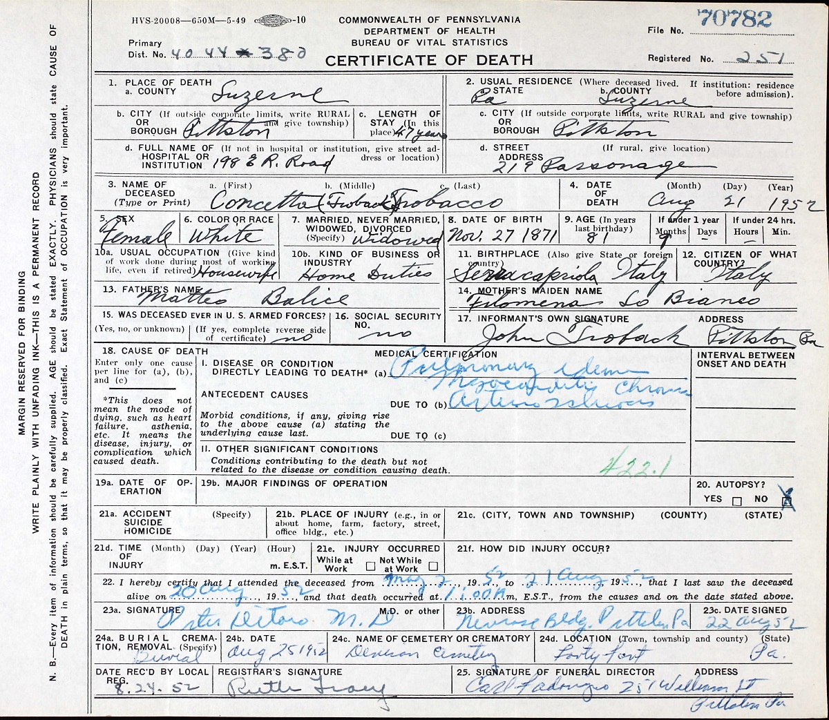 Concetta Balice Trobacco Death Certificate