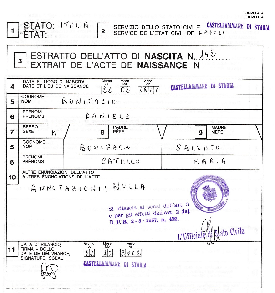 Daniele Bonifacio Birth Extract