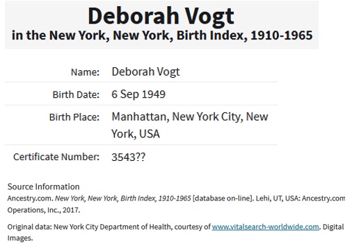 Deborah Karen Vogt Birth Index