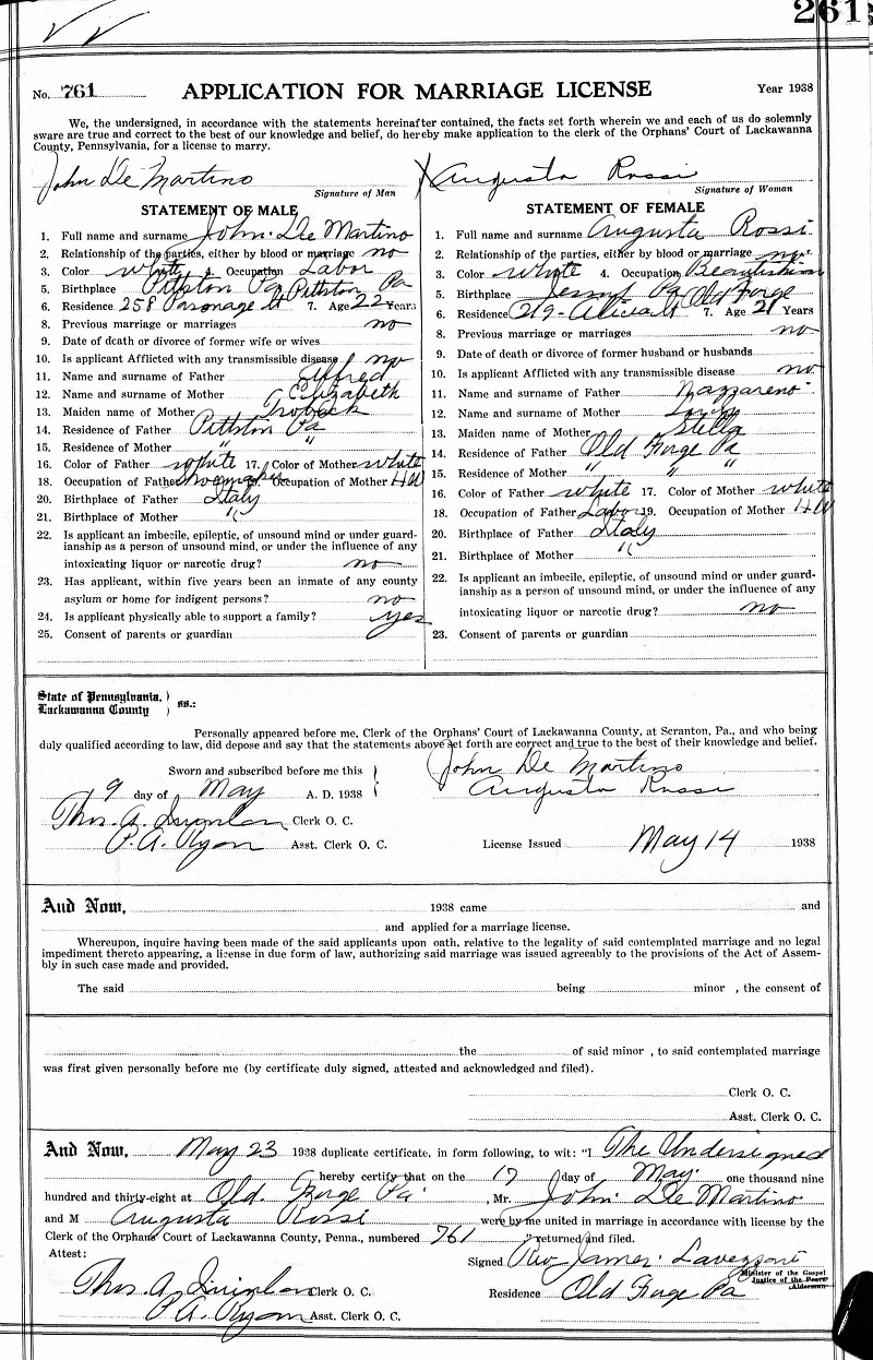 John DeMartino and Augusta Rossi Marriage Record