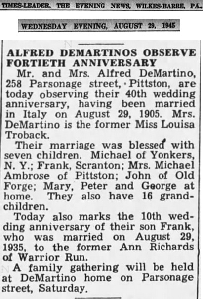 Alfred DeMartino and Luisa Trobacco 40th Wedding Anniversary