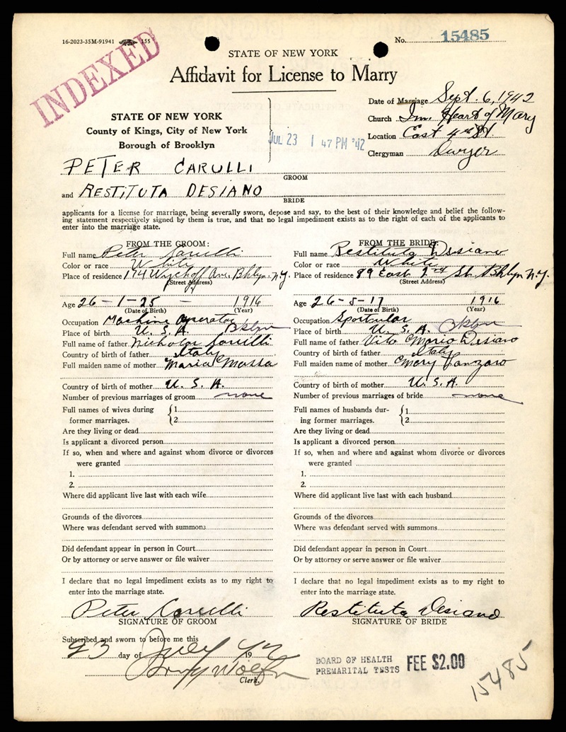 Marriage Record for Retituta Desiano and Peter Carulli