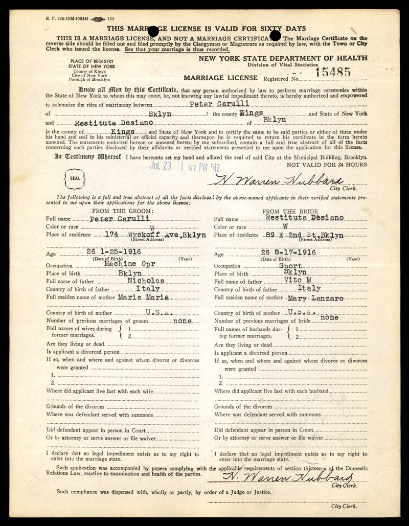 Marriage Record for Retituta Desiano and Peter Carulli