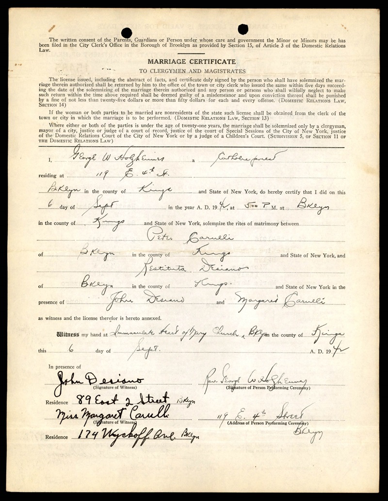 Marriage Record for Retituta Desiano and Peter Carulli
