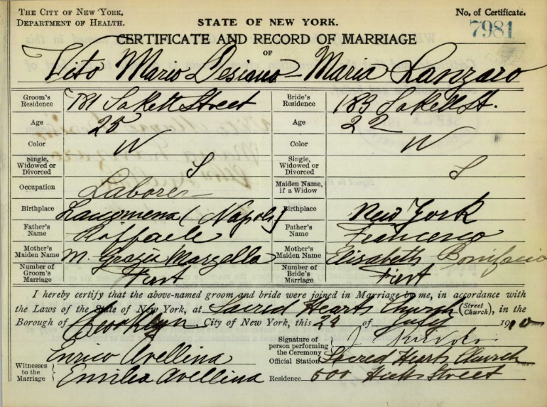 Vito Mario Desiano and Maria Lanzaro Marriage Certificate