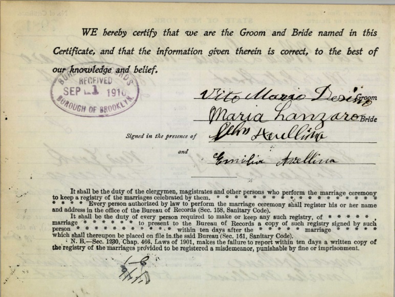 Vito Mario Desiano and Maria Lanzaro Marriage Certificate