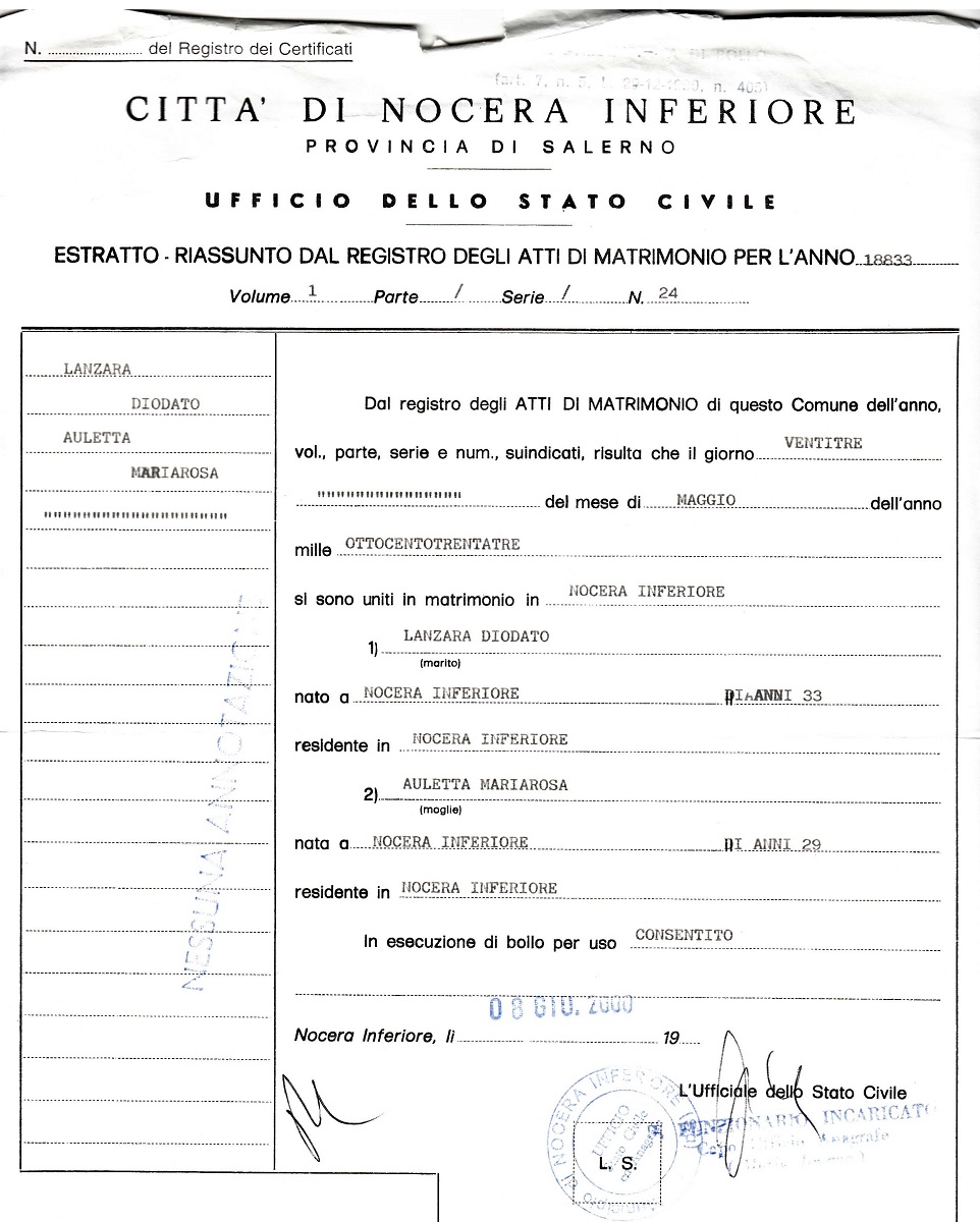 Diodato Lanzara and Maria Rosa Auletta Marriage Record