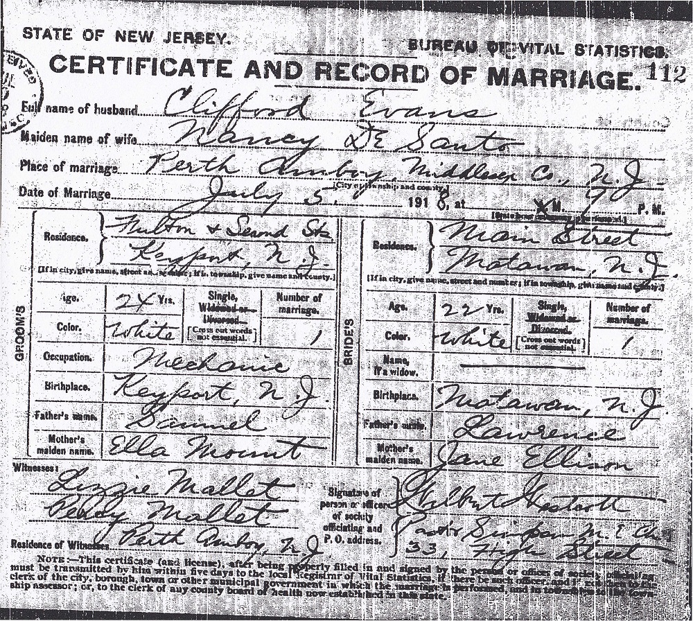 Pasqualina DiSanto and Clifford Evans Marriage Certificate
