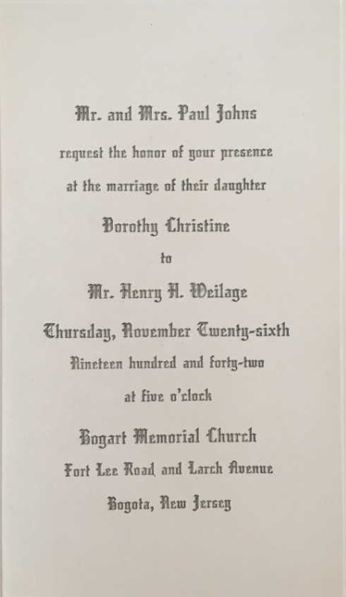 Dorothy Johns and Henry Weilage Marriage Record