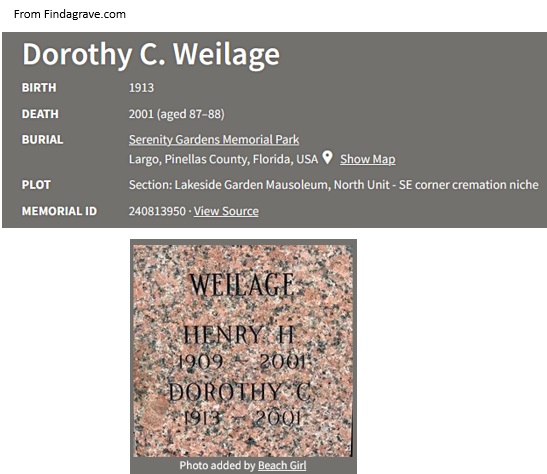 Dorothy Weilage Cemetery Record
