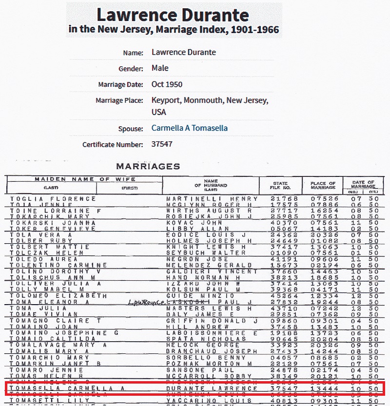 Lawrence Durante & Carmella Tomasello Marriage