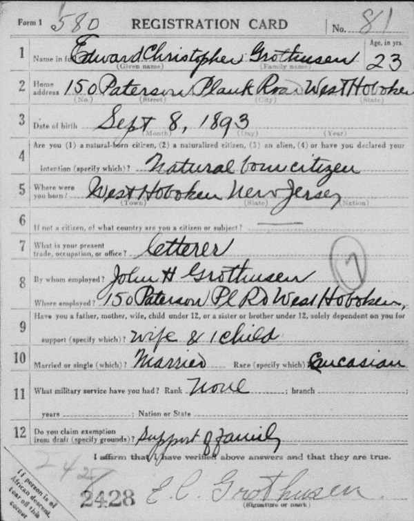 Edward Grothusen WW1 Draft Registration