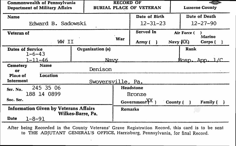 Edward Sadowski Military Record