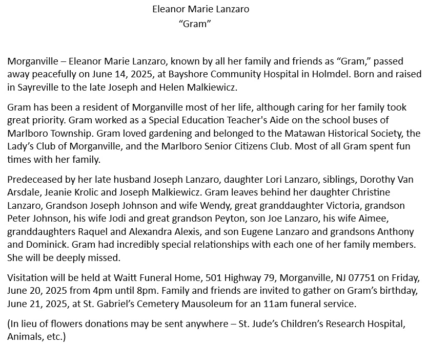 Eleanor Marie Lanzaro Obituary