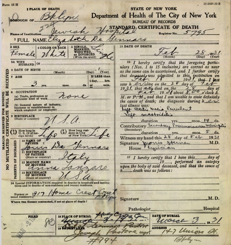 Elizabeth DeGennaro Death Certificate