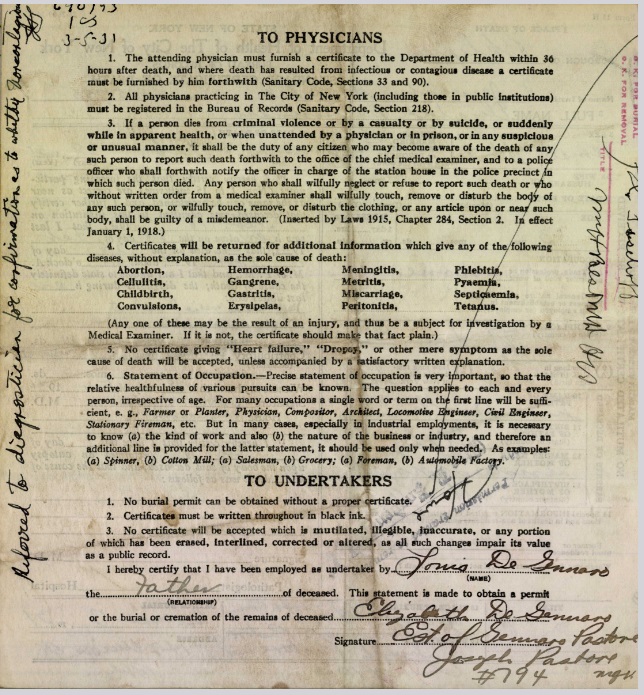 Elizabeth DeGennaro Death Certificate