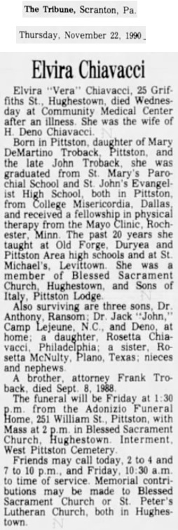 Elvira Troback Chiavacci Obituary