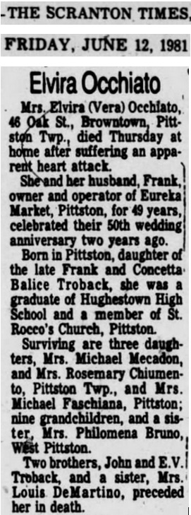Elvira Trobacco Occhiato Obituary