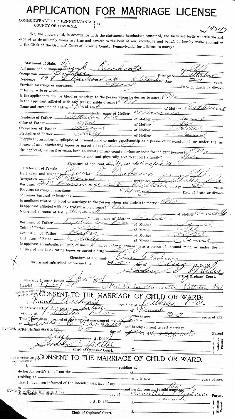 Elvira Trobacco and Frank Occhiato Marriage Record