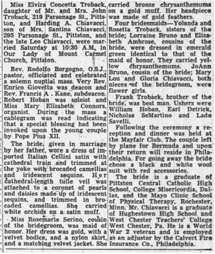 Elvira Troback and Harding Chiavacci Marriage