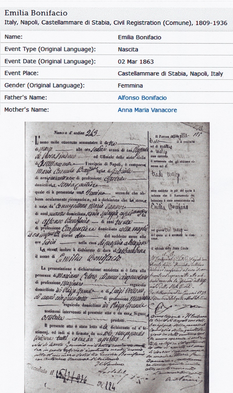 Emilia Bonifacio Vanacore Birth Record