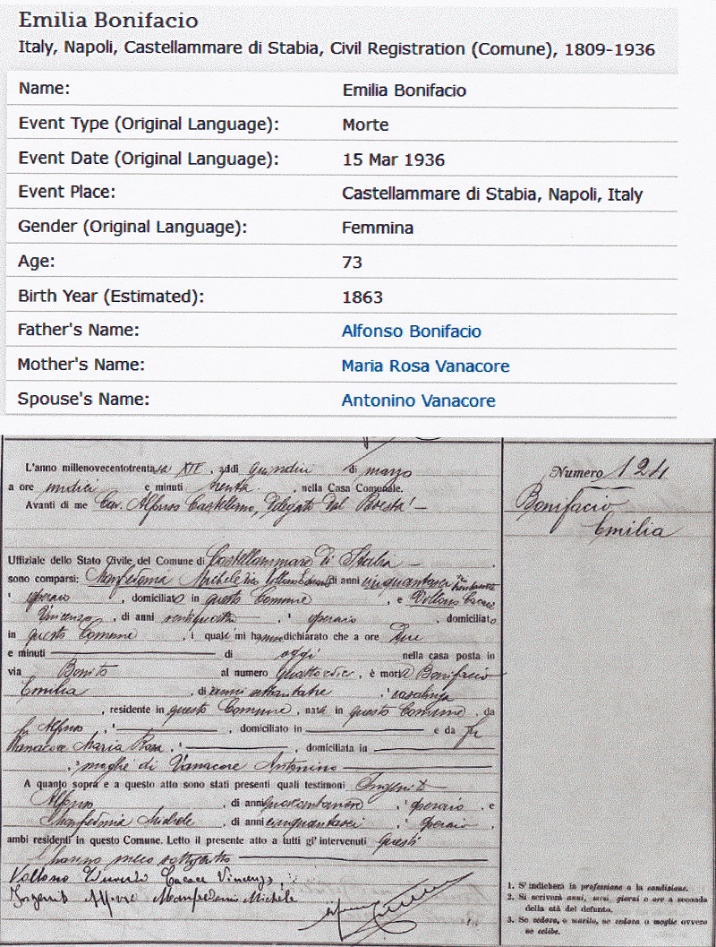 Emilia Bonifacio Vanacore Death Record
