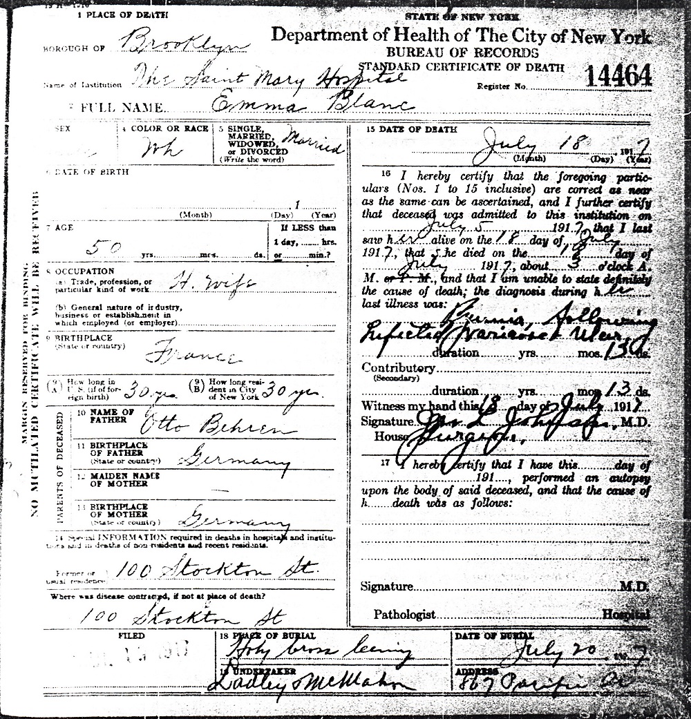 Emma Behrens Blanck Death Certificate
