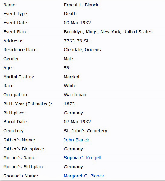 Ernest F. Blanck Death Certificate