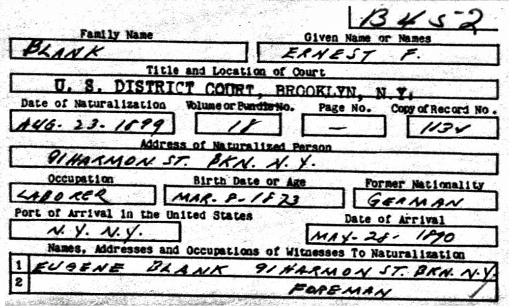 Ernest F. Blanck Naturalization Record