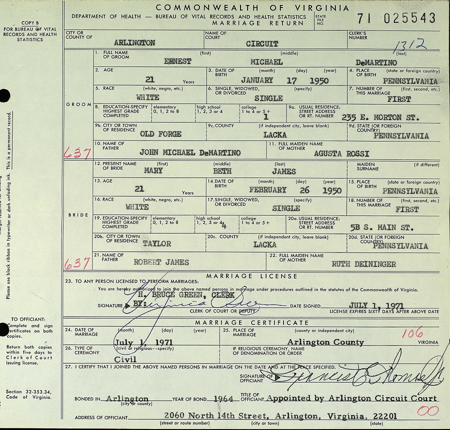Ernest Michael DeMartino Marriage Record