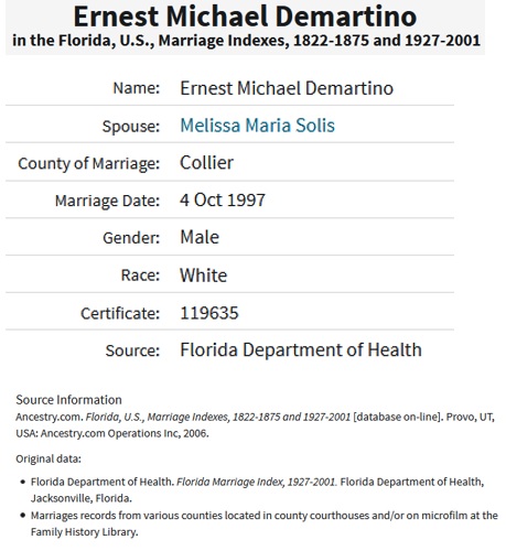 Ernest Michael DeMartino Marriage Record