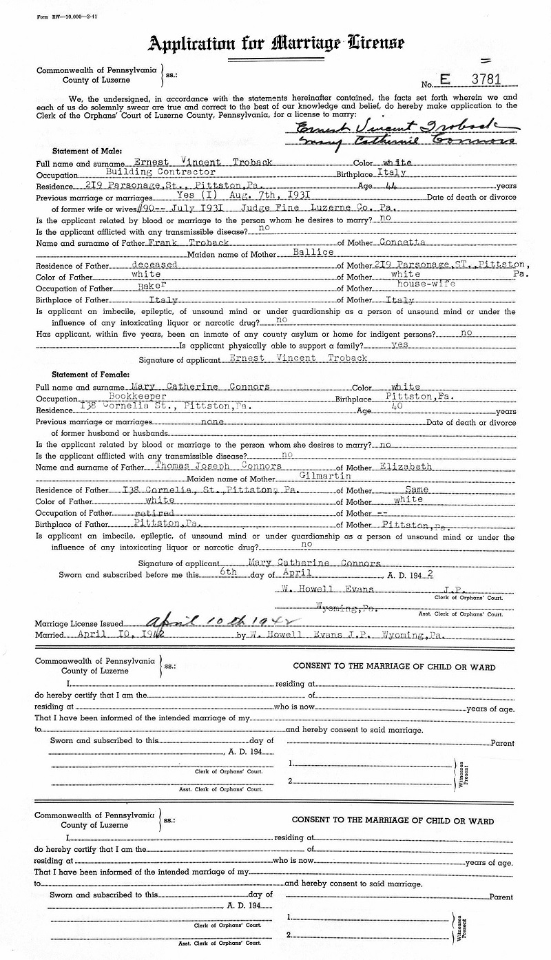 Ernest Trobacco Marriage Record